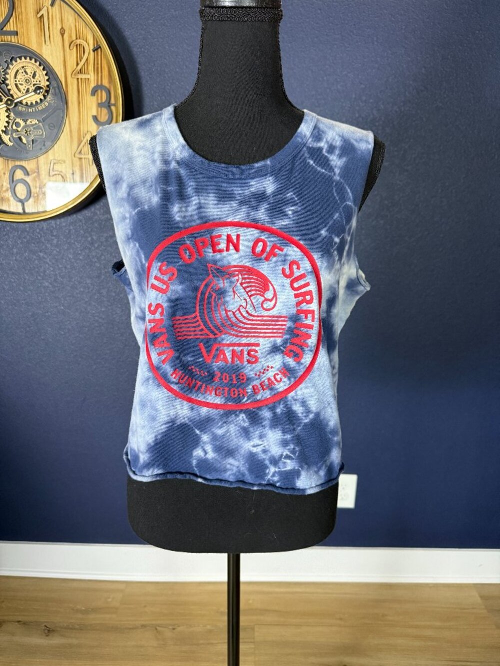 Vans Blue Tie-Dye Crop Tank with Red Surf Logo